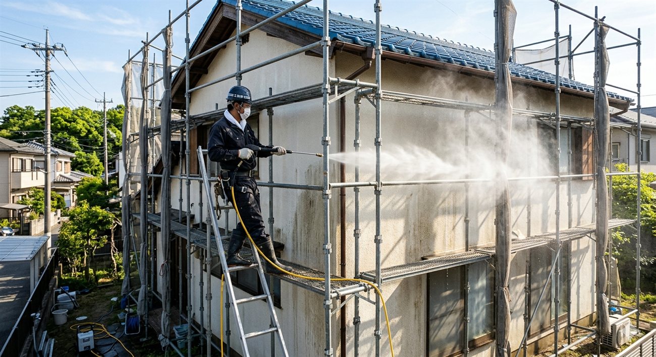高圧洗浄と足場の設置